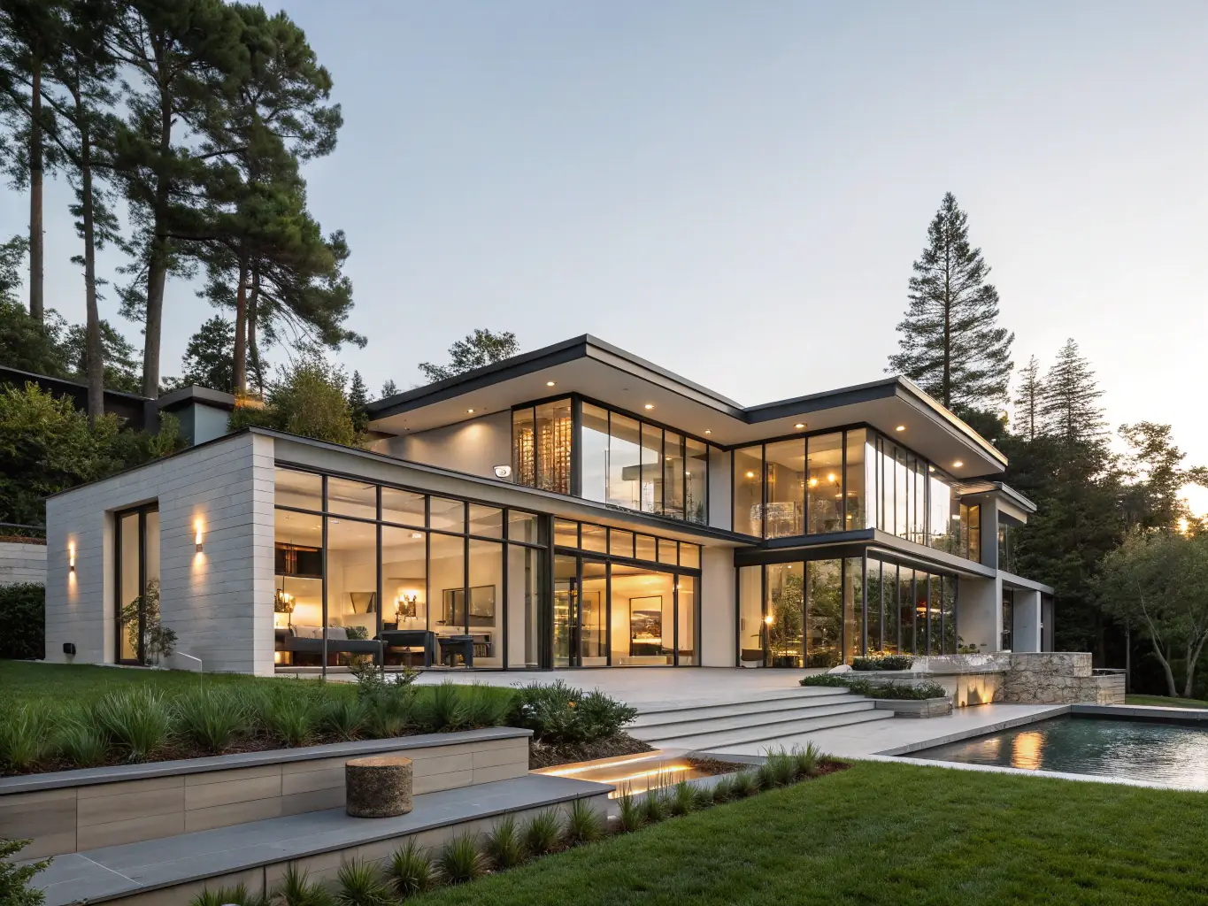 A well-maintained luxury home exterior with manicured landscaping, representing the high standards of property maintenance provided by Refined Property Management.