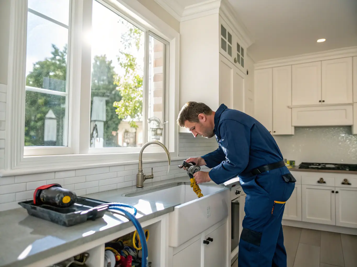 A maintenance team repairing a leaky faucet in a rental property, showcasing the property management company's commitment to maintaining the property's condition and value.